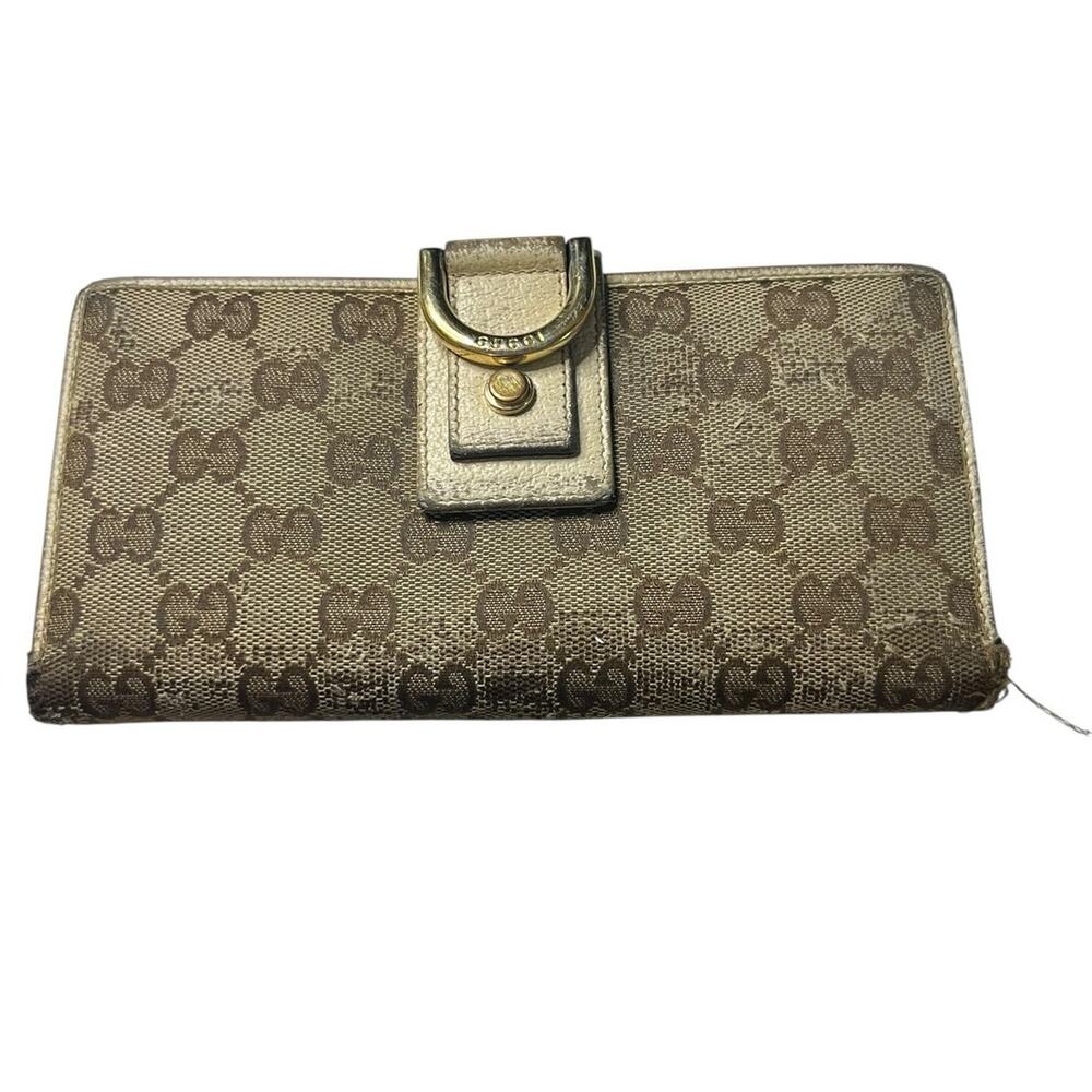 Gucci D Ring GG Canvas leather Continental Wallet Cream leather interior